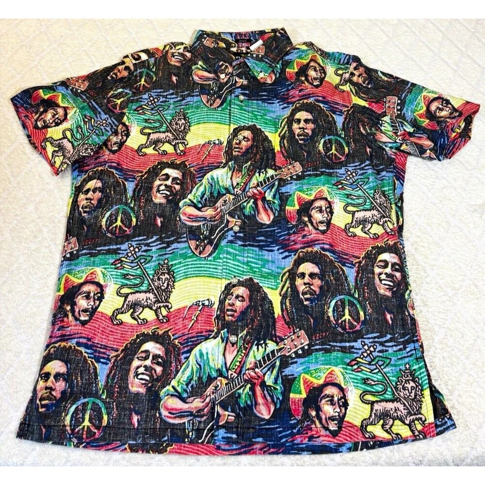 NWT Reyn Spooner X Bob Marley Tuff Gong AOP Aloha  Button Up Shirt Size M